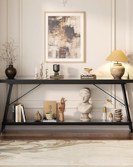 Homieasy 70.9 Inch Extra Long Console Table, Industrial Sofa Table Behind Couch with Charging Station & Storage Shelf, Entryway Table for Living Room & Entryway, Black