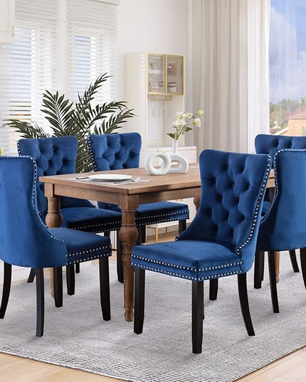 SoarFlash Velvet Dining Chairs Set of 4, Tall Back Side Chair, Modern Upholstered High-end Tufted Side Chair with Button Back Ring, Solid Wood Legs (Blue)