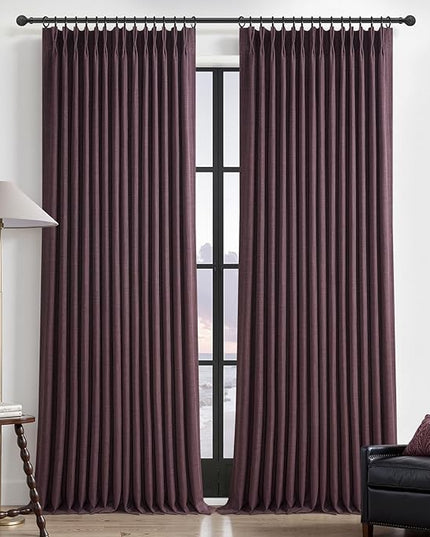 Purple Double Layer Linen Blackout Curtains 40 x 102 Inches Long for Bedroom, Memory Trained Pinch Pleat Thermal Light Blocking Privacy Decorative Window Drapes 2 Panels 8-1/2 FT Length