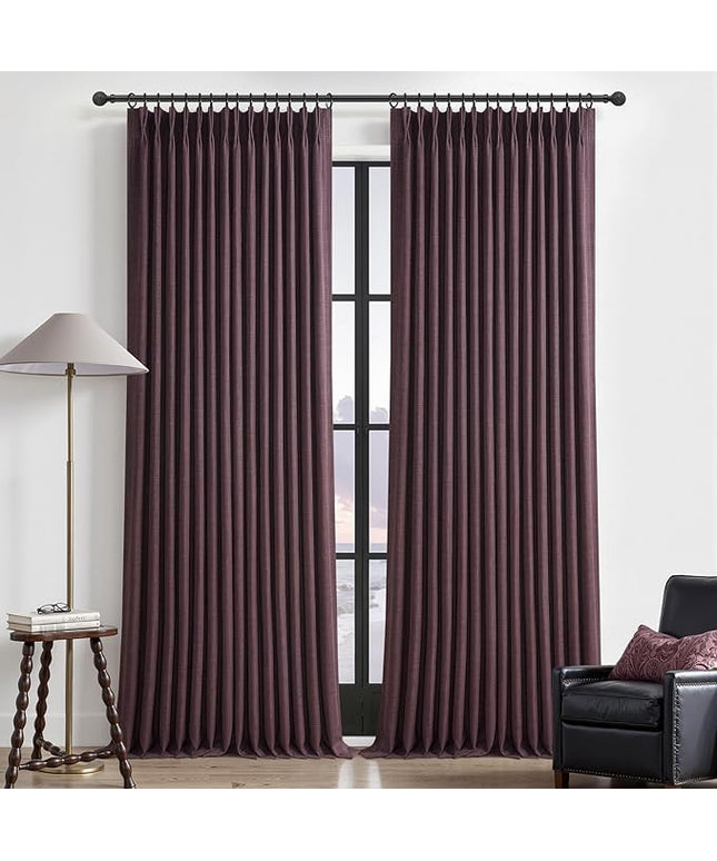Purple Extra Long Pinch Pleated 108 Inch Curtains for Living Room 2 Panels Set, Black Out Memory Trained Two Layer Heavy Linen Thermal Sound Dampening Elegant Windows Drapes 9 FT Length Luxury Decor