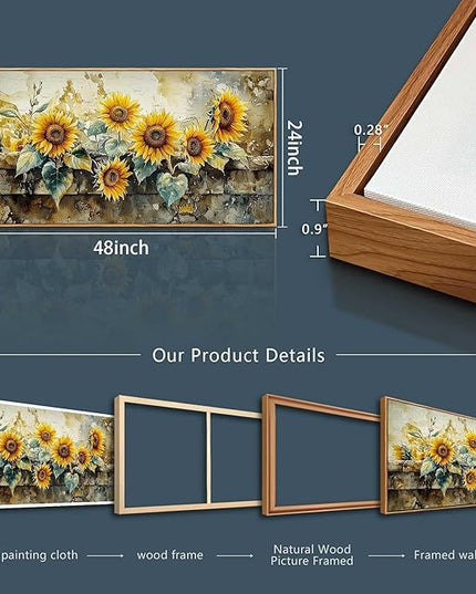 ERQINHUA Large Wall Decor Canvas Painting Wall Art For Living Room Decor Vintage Yellow Sunflower Painting Wood Frame DecorPrint Artwork For Dining Room Bedroom Bathroom Kitchen Home Decor 24x48 In