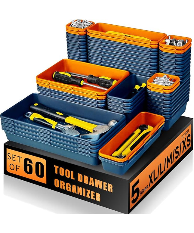 Tool Box Organizer Tray, Toolbox Desk Drawer Organizer, Tool Box Tray, Toolbox Organization Storage for Rolling Tool Chest (60PCS (Blue+Orange))