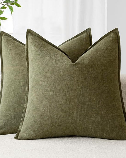 Foindtower Pack of 2, Decorative Linen Soild Throw Pillow Covers Soft Accent Cushion Case Boho Farmhouse Pillowcase for Chair Couch Sofa Bedroom Living Room Home Decor 26 x 26 Inch Olive Green