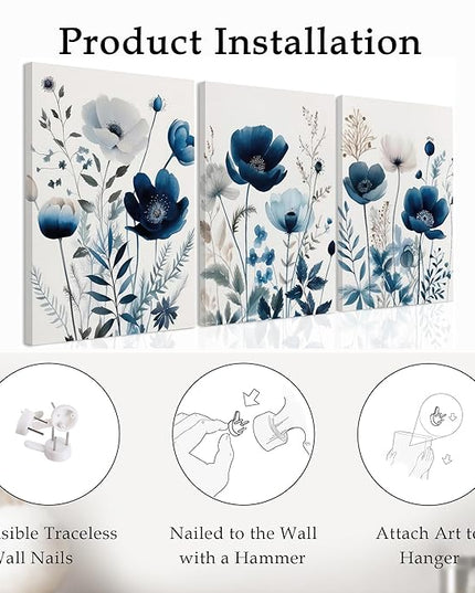 DUWQU 3 Pcs Blue Floral Canvas Wall Art, Elegant Navy Blue Wildflower Lily Daisy Art Wall Decor, Watercolor Botanical Flower Home Poster Art Prints for Living Room Bedroom Bathroom 16×24 Inches