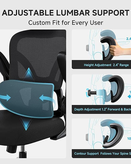 Office Chair with Adjustable Lumbar Support, Home Office Desk Chair with Flip-up Armrests, 330 lbs Mesh Computer Chair for Long Day Use, Black