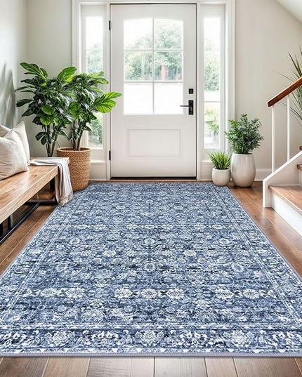 4x6 Washable Rug Blue Small Area Rug for Entryway Soft Non-Slip Indoor Door Rugs Distressed Floral Low-Pile Doormat, Neutral Vintage Carpet for Entrance Kitchen Bedside Farmhouse