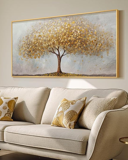 Large Framed Tree of Life Gold Wall Art, Large Canvas Prints Paintings Artwork for Walls, Modern Luxury Golden Big Tree Pictures for Living Room Fireplace Bedroom Kitchen Dining Room Office Wall Decor