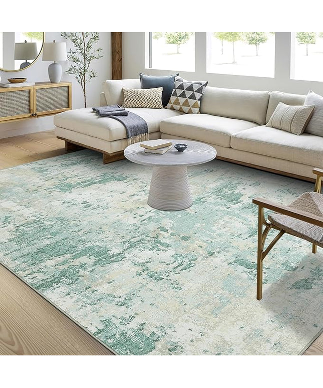 Modern Abstract Area Rug 9x12 Non Slip Non Shedding Rug Low Pile Stain Resistant for Bedroom Living Room,Green