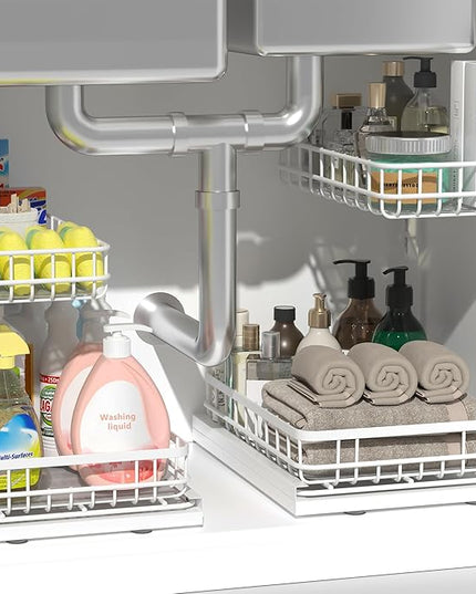 Under Sink Organizer, Adjustable Height Pull-Out Kitchen Storage Organization,15.8" x 11.8" x 16.5", 2-Tier Kitchen Shelf, Bathroom Drawer Organizer, 2 Pack|White