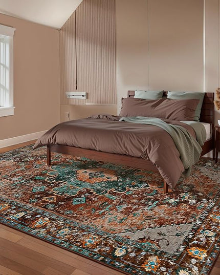 Ciicool Vintage Area Rug 8'x10' Oriental Print Rugs for Bedroom, Living Room, Under Table, Office, Entryway - Brick Red/Dull Teal