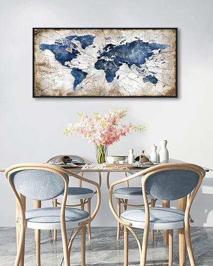 World Map Canvas Wall Art Navy World Maps for Wall Vintage Modern Wall Art for Office Framed Pictures for Living Room Bedroom Wall Decoration for Home Office Decor Artwork for Walls 20x40IN
