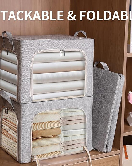 combocube 3-Side Zippered Openings Clothes Storage Bins with Thick Metal Frame, Stackable & Foldable Clothing Storage Bins with Lid, Linen Fabric Closet Storage Box with Large Clear Window, 3 Pack