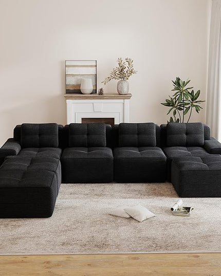 Hommoo Oversized Modular Sectional Sofa, 7 Seat Sleeper Sofa Bed, Comfy Corduroy Couch with Deep Seat, 153”Convertible Boneless Sofa with Ottoman for Living Room No Assembly Required Black