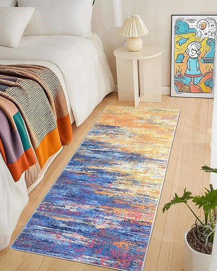 Washable Runner Rug 2x6 Modern Abstract Kitchen Rugs, Non Slip Bathroom Rug, Low Pile Laundry Room Soft Long Carpet for Hallway Bedroom Entryway, Blue/Orange