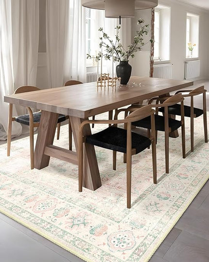 MUJOO 6x9 Area Rugs Washable,Boho Rugs for Living Room Bedroom Dining Room,Large Non Slip Throw Carpet Indoor,Low Pile Light Pink and Green