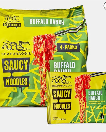 Snapdragon Saucy Instant Noodles with Spicy Buffalo Ranch Slurpable Sauce - Quick Meal, Snack, and Lunch. 4-Pack Microwave Noodles for Cup, Bowl, Ramen or Asian Stir Fry
