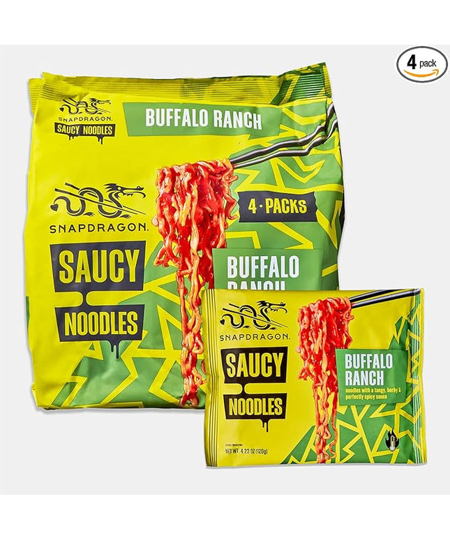 Snapdragon Saucy Instant Noodles with Spicy Buffalo Ranch Slurpable Sauce - Quick Meal, Snack, and Lunch. 4-Pack Microwave Noodles for Cup, Bowl, Ramen or Asian Stir Fry