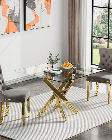 Glass Dining Table Set for 2, Square 36" Dining Table with Gold Cross Metal Leg, 2 Gray Velvet Dining Chairs with Stainless Steel Legs, Modern Glass Kitchen Table and Chairs Set for Small Space