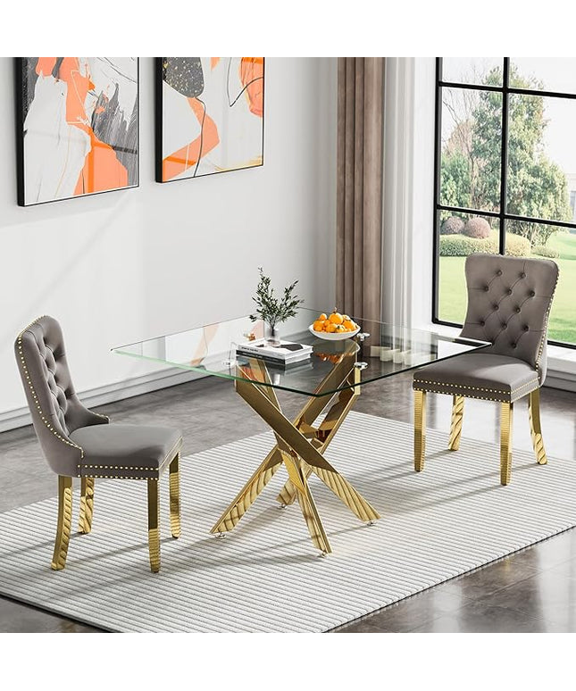 Glass Dining Table Set for 2, Square 36" Dining Table with Gold Cross Metal Leg, 2 Gray Velvet Dining Chairs with Stainless Steel Legs, Modern Glass Kitchen Table and Chairs Set for Small Space