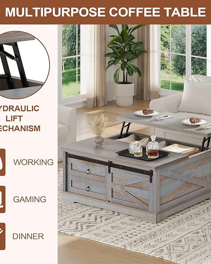Itaar 39.4'' Lift Top Coffee Table with Storage, Farmhouse Coffee Tables for Living Room, Square Coffee Table with Large Hodden Compartment & 2 Drawrs & Adjustables Shelves (Blue)