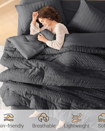 MUXHOMO 5 Pieces Twin XL Comforter Set, Seersucker Bed in a Bag Twin XL Size, All Season Luxury Bedding Set with Comforter, Flat Sheet, Fitted Sheet, Pillowcase & Sham, Dark Grey
