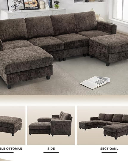 110" Convertible U-Shape Couch with 2 Flexible Ottomans, Soft Sectional Sofa with 2 Built-in Cup Holders, Chenille 4 Seats Sofa with Well-Filled Back Cushions for Living Room, House, Brown