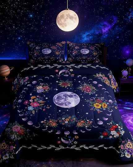 Sun and Moon Kids Comforter Set Twin Size,Starry Sky Galaxy Trippy Bedding Set,Boys Girls Adults Room Decor,Flowers Boho Exotic Retro Down Comforter,Colorful Mystical Duvet Insert,1 Pillowcase