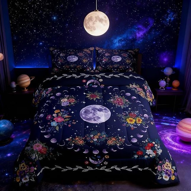 Sun and Moon Kids Comforter Set Queen Size,Starry Sky Galaxy Trippy Bedding Set,Boys Girls Adults Room Decor,Flowers Boho Exotic Retro Down Comforter,Colorful Mystical Duvet Insert,2 Pillowcases