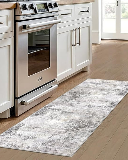 IOHOUZE Abstract Runner Rug 2x6 Ft Washable Runners for Hallways, Non Slip Kitchen Runner Printed Faux Wool Entryway Runner Indoor, Modern Abstract Floor Carpet for Hall Kitchen Bedroom, Grey Beige