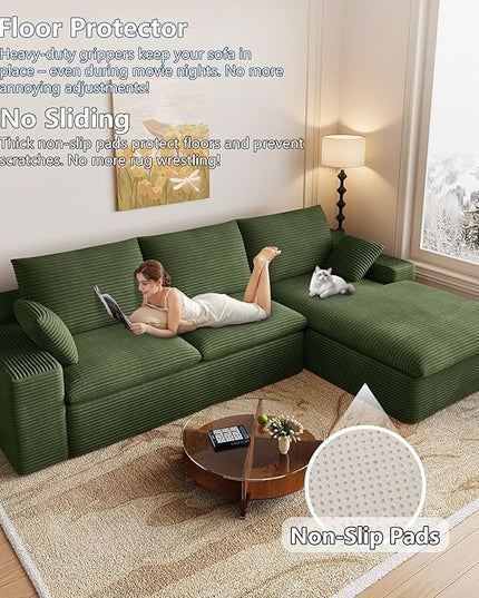 107" Cloud Couch Modular Sectional Sofa for Living Room, L-Shape Boneless Couch with Deep Seat, Modern Corduroy 3-Seater, No Assembly Required (Green,Right-Facing Chaise)
