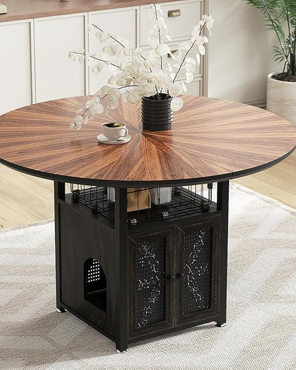 VFK 47" Round Dining Table Set for 4-6 People, Solid Wood & Metal Table with Storage Shelf, Walnut Kitchen & Dining Room Furniture (Cat Table)