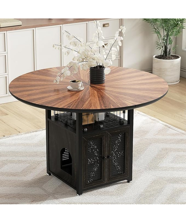 VFK 47" Round Dining Table Set for 4-6 People, Solid Wood & Metal Table with Storage Shelf, Walnut Kitchen & Dining Room Furniture (Cat Table)