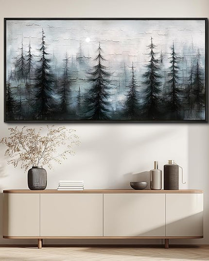 XIGUANGART Misty Forest Canvas Wall Art Nature Landscape Pictures Farmhouse Abstract Tree Watercolour Painting Wall Decor Living Room, Bedroom Home Office Decorations Artwork Black Framed Large 60x30