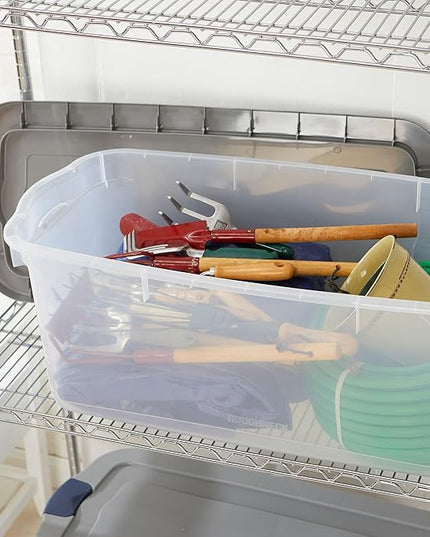 Rubbermaid Roughneck Clear 95 Qt/23.75 Gal Storage Containers, Pack of 4 with Latching Grey Lids, Visible Base, Sturdy and Stackable, Great for Storage and Organization