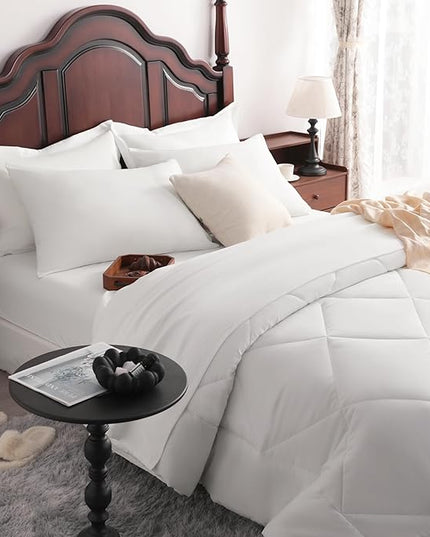 NTBAY Queen Comforter Set with Sheets, 7 Pieces Soft and Breathable Queen Bedding Set, Bed in a Bag, Down Alternative Comforter Set Solid Color All Season, Queen Bedding Set, White