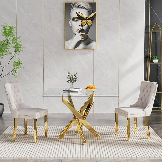 Glass Dining Table Set for 2, Square 36" Dining Table with Gold Cross Metal Leg, 2 Beige Velvet Dining Chairs with Stainless Steel Legs, Modern Glass Kitchen Table and Chairs Set for Small Space