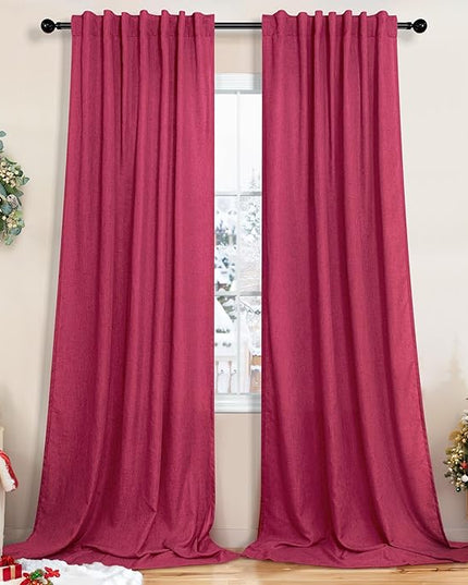 Pitalk Christmas Red Hot Pink Curtains for Bedroom 84 Inch Length 2 Panels Back Tab Pocket Semi Sheer Linen Rainbow Colored Girls Curtain for Kids Room Living Xmas Raspberry Fuchsia Magenta 52x84 Long