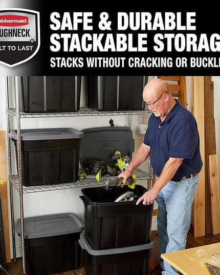 Rubbermaid 18 GAL 6 Pack Garage Storage Bins with Stackable Lid, Heavy Duty - Made in USA - Extreme Temperature Resistant, Durable Plastic Containers with Handles - Solid Black and Grey