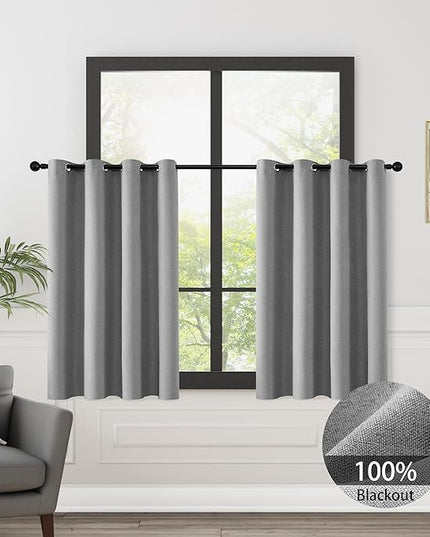 ChrisDowa 100% Blackout Grey Solid Curtains 45 Inches Long 2 Panels for Bedroom Living Room,Farmhouse Room Darkening Thermal Insulated Soundproof Grommet Top Window Treatment Drapes,52x45