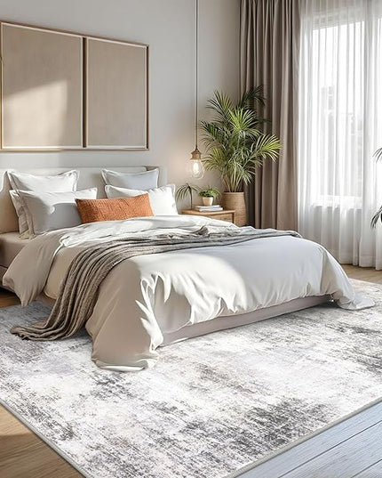 IOHOUZE Abstract Area Rugs 8x10 Ft Washable Large Rugs for Living Room, Non Slip Dining Room Rug, Printed Faux Wool Rugs for Bedroom, Floor Carpet for Office Nursery Playroom, Grey Beige