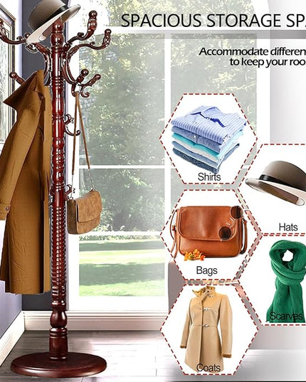Coat Racks Free Standing with 14 Hooks, Natural Wood Coat Stands for Entryway, Adjustable Height 73 in Tree Coat Rack Stand for Hallway Home Office Bedroom (Mahogany)