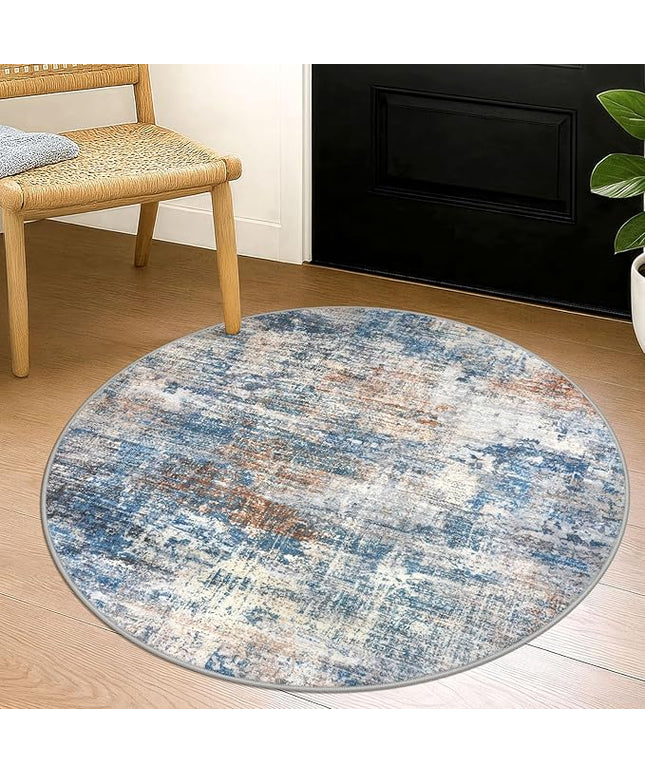 IOHOUZE Round Area Rug 3 Ft Circle Entryway Rugs Round Washable Door Mat Indoor Entrance, Non Slip Circle Front Door Rug, Printed Abstract Faux Wool Floor Carpet for Foyer Porch Sink, Blue Rust