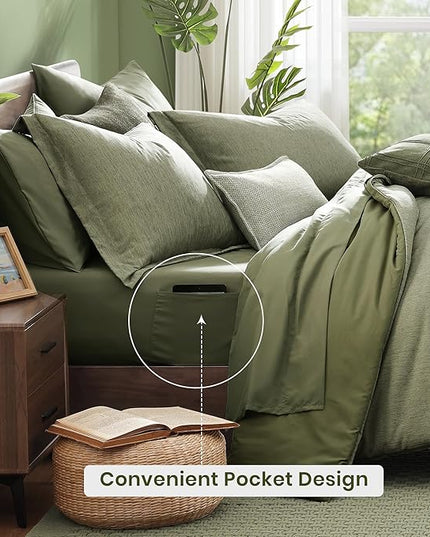 Monbix Oversized Queen Comforter Set - 7 Pieces Cationic Dyeing Sage Green Bed in a Bag Bedding Sets with Comforter, Sheets, Pillowcases & Shams, Reversible Bedding Comforters Sets