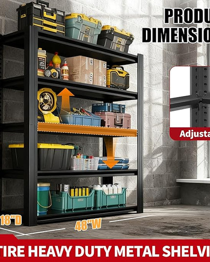 78" H Garage Shelving, Metal Storage Shelves, 3000LBS Heavy Duty Shelving, Adjustable 5 Tier Storage Rack, Industrial Utility Shelf for Garage, Warehouse, Kitchen,18" D×47.5" W×78" H, Black