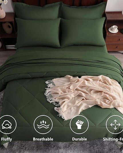 NTBAY Queen Comforter Set with Sheets, 7 Pieces Soft and Breathable Queen Bedding Set, Bed in a Bag, Down Alternative Comforter Set Solid Color All Season, Queen Bedding Set, Olive Green
