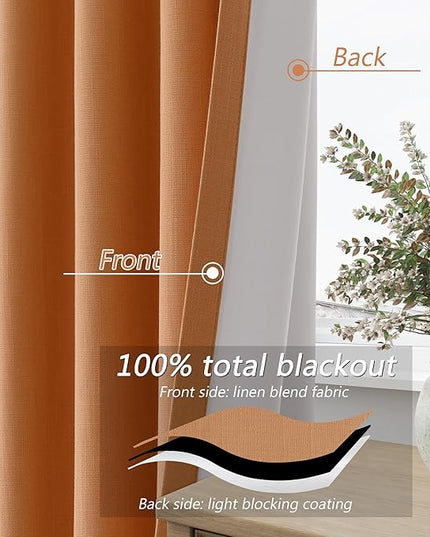 Guken Orange Blackout Curtains 120 Inch Length 2 Panels Set for Living Room Bedroom Back Tab Thermal Insulated 100% Black Out Linen Drapes Room Darkening Window Curtains 120 Inches Long