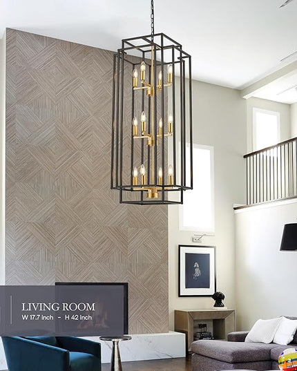 12-Light Lantern Tiered Pendant Light Fixtures, Black Metal Farmhouse Chandelier Hall Foyer Hanging Chandelier for Kitchen Island Dining Room Living Room Foyer Entryway, Black+Gold