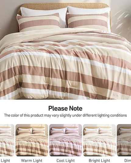 King Comforter Set, 3 Pieces Striped Bed Set, Soft Brushed Microfiber Reversible Bedding Set for All Season, Lightweight & Breathable Bedding Set with Comforter & Shams, Terracotta