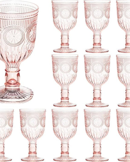 Pink 12 Pack Vintage Wine Glasses, Plastic Reusable 12 Ounce Colored Water Goblets, Unique Flower Embossed Pattern Unbreakable Stemmed Wine Glasses High Clear Wedding Party Bar Drinking Cups