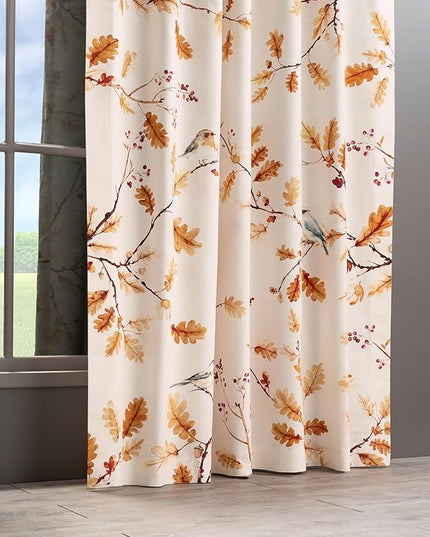 Maison d' Hermine Curtains for Living Room 100% Cotton 124 inch Length One Panel Light Filtering Curtains for Bedroom Windows with Rod and Loop Pockets Drapes (Oak Leaves, 50" W x 124" L)